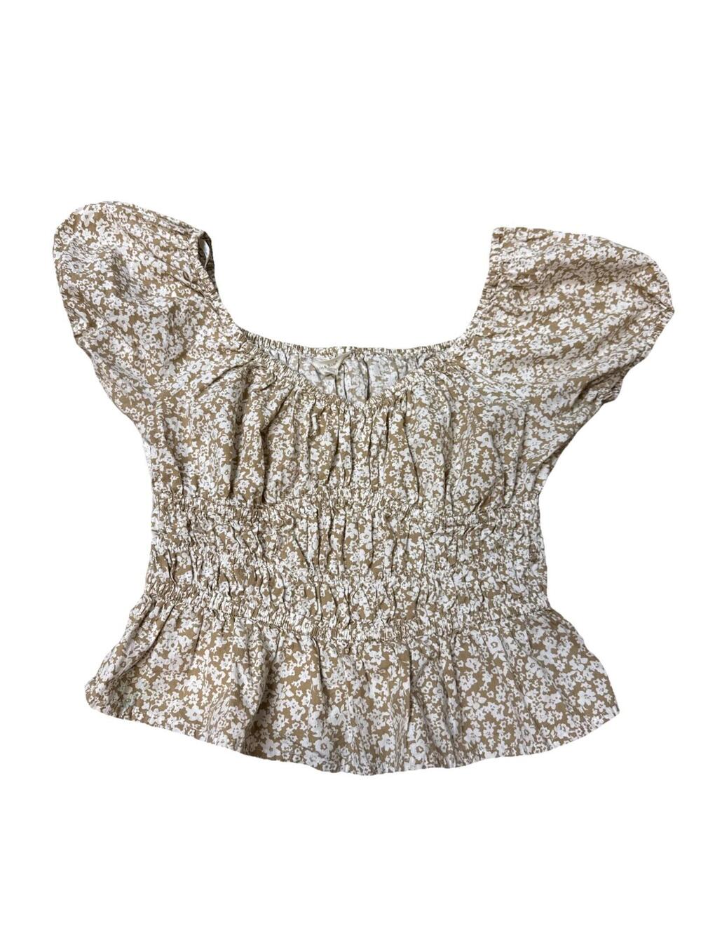 Y2k babydoll brown/white floral boho puff sleeve smocked top w/ruffle